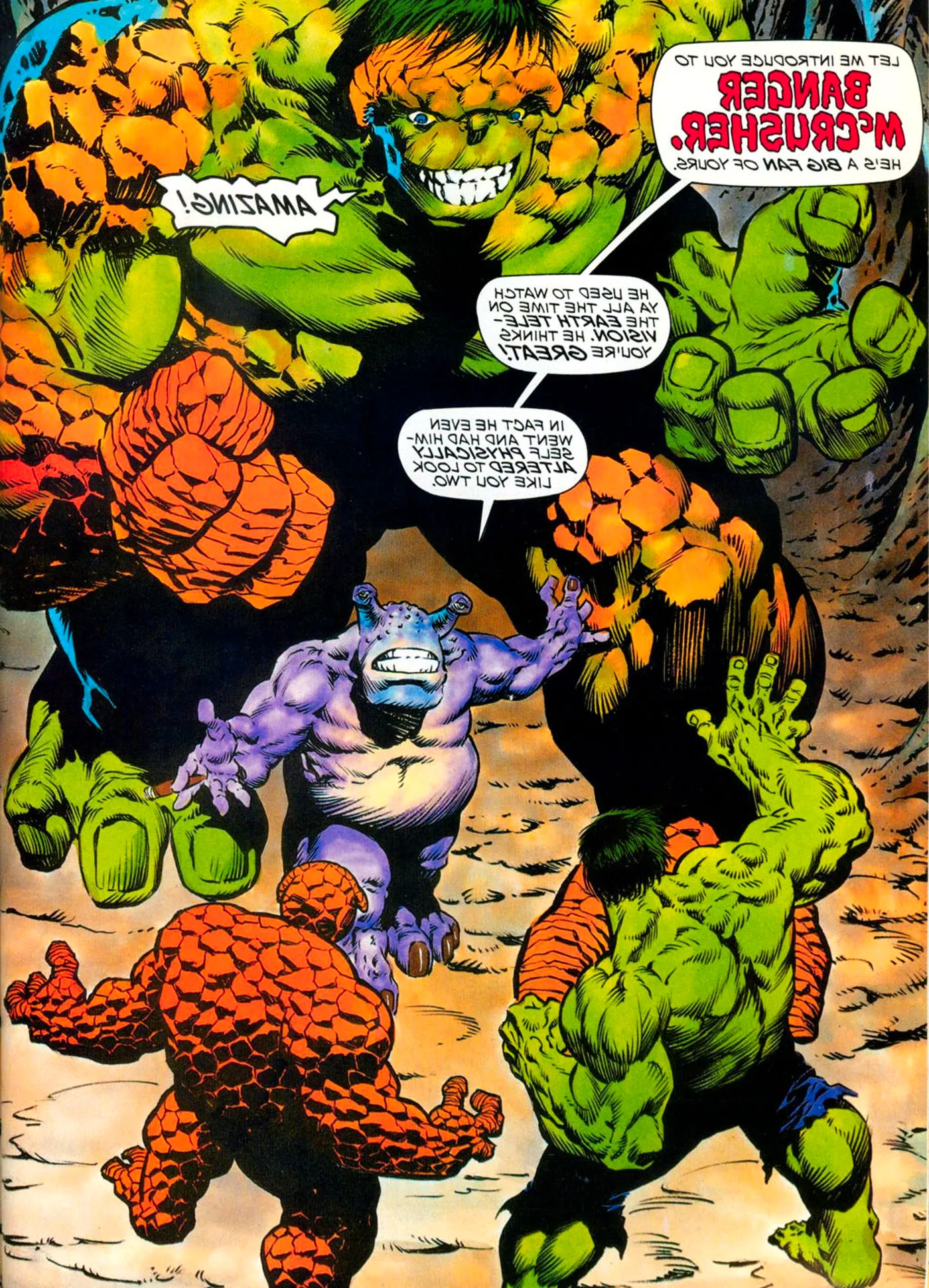 Comic book page: the Hulk and the Thing meet Banger McCrusher. Image