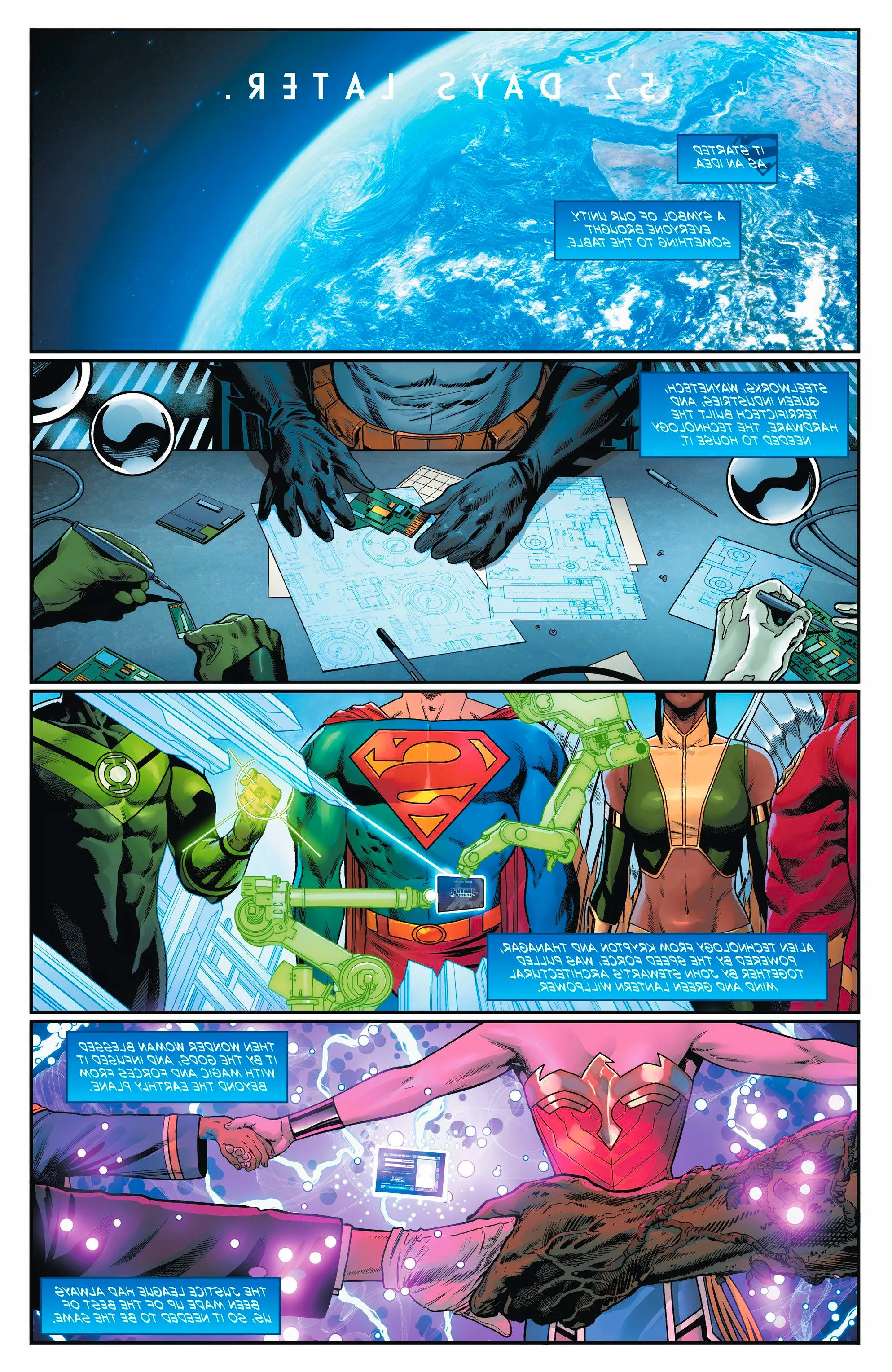 Comic book page: the Justice League makes plans together in space. Image