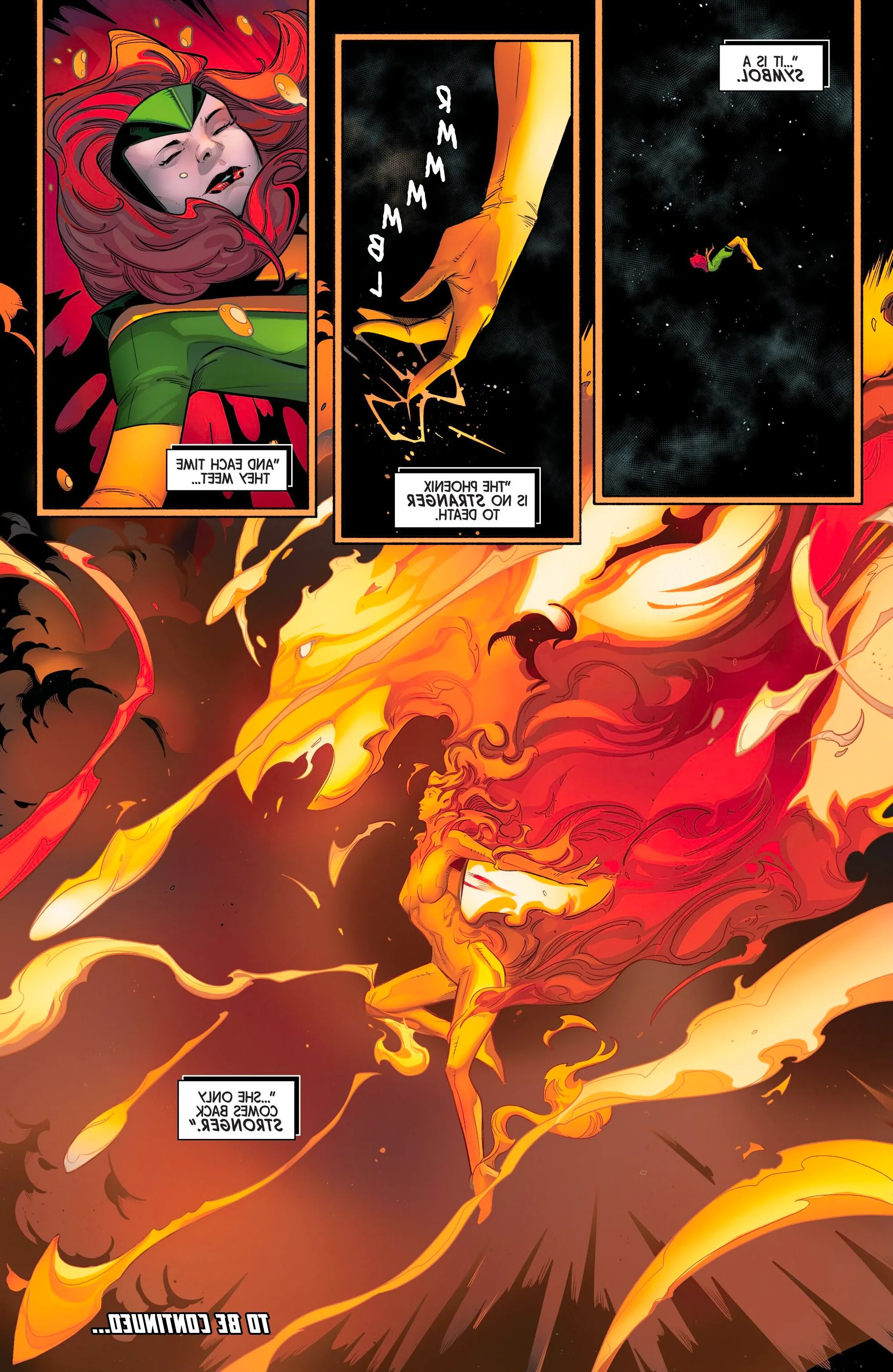 Comic book page: The Phoenix resurrects Jean Grey. Image