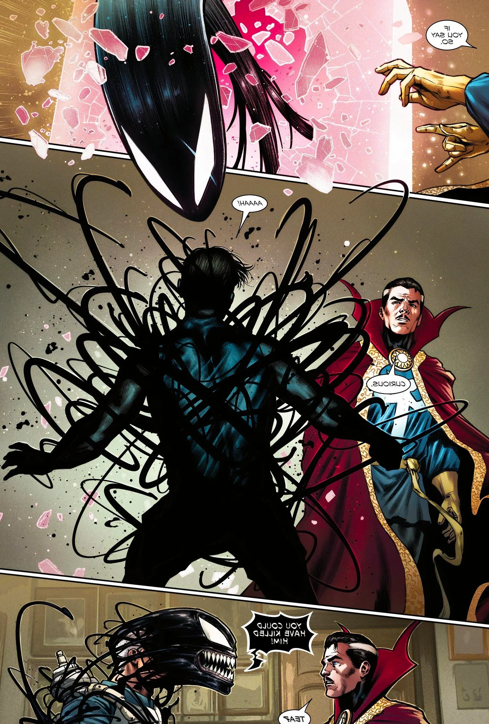 Comic book page: Venom reveals himself to Doctor Strange. Image