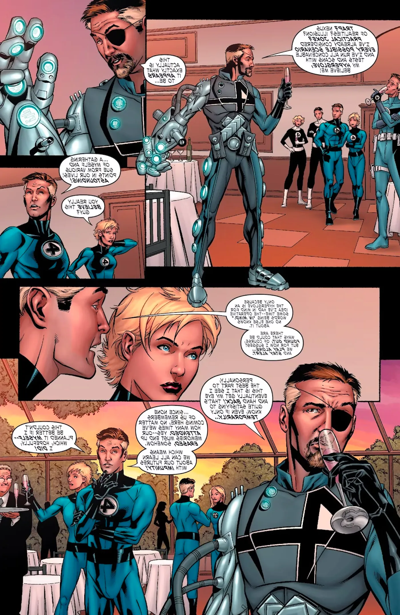 Comic book page: Versions of Invisible Woman and Mister Fantastic surround a Reed with an eye patch and Hyperglove invention. Image