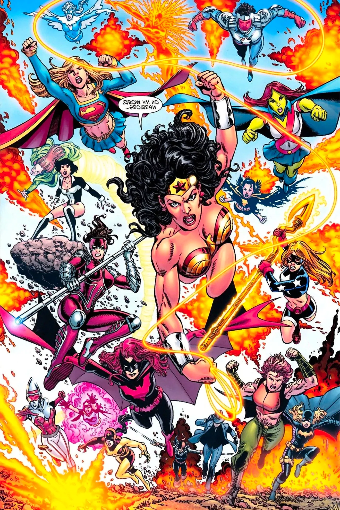 Comic book page: Wonder Woman teams up with an all woman hero squad including Stephanie Brown's Batgirl, Supergirl, Stargirl, Lightning, Miss Martian, Batwoman, and more. Image