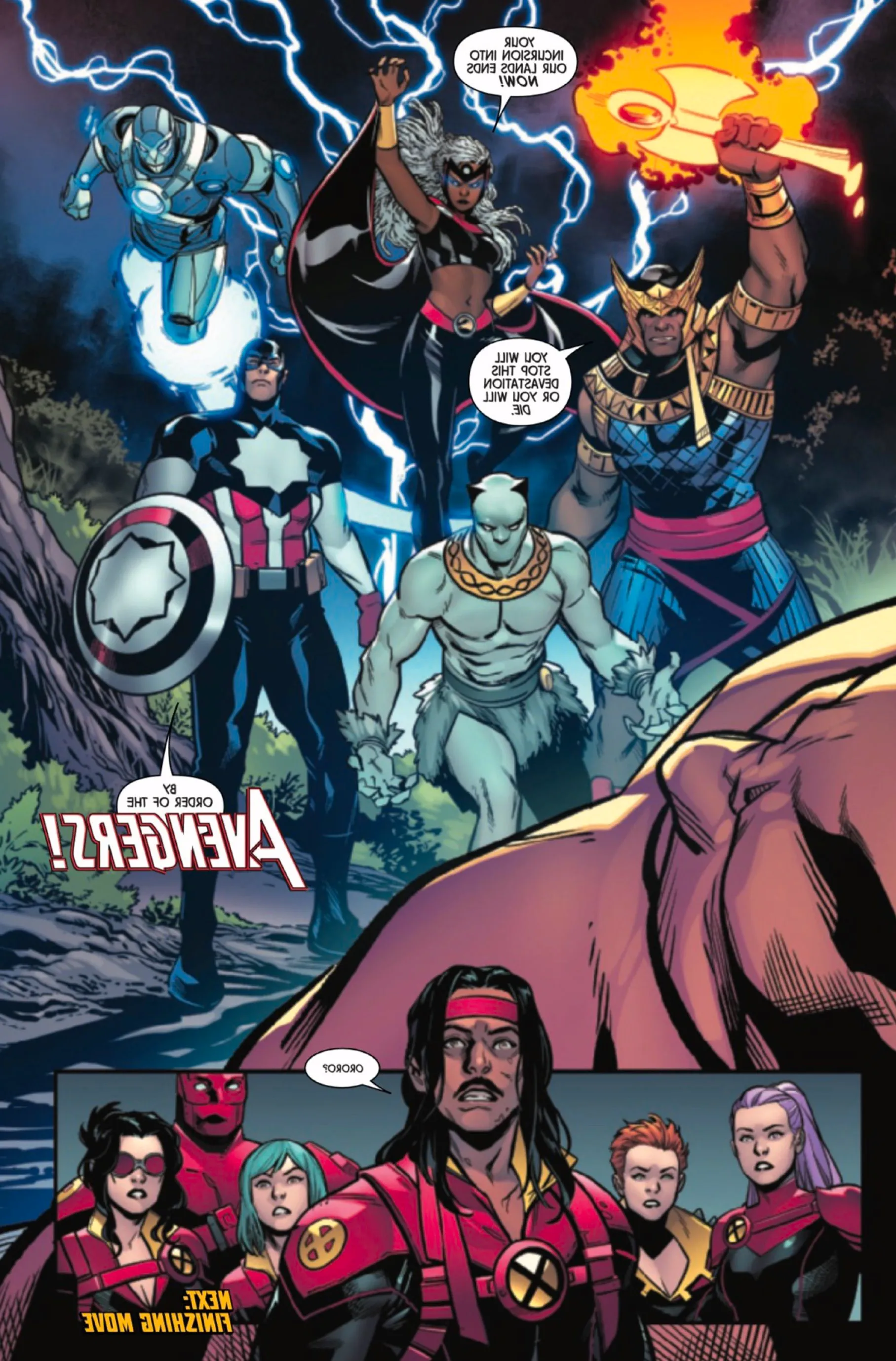 Comic book page: X-Force meet new Avengers team with Storm, Thor, Iron Man, Captain America, and Black Panther. Image