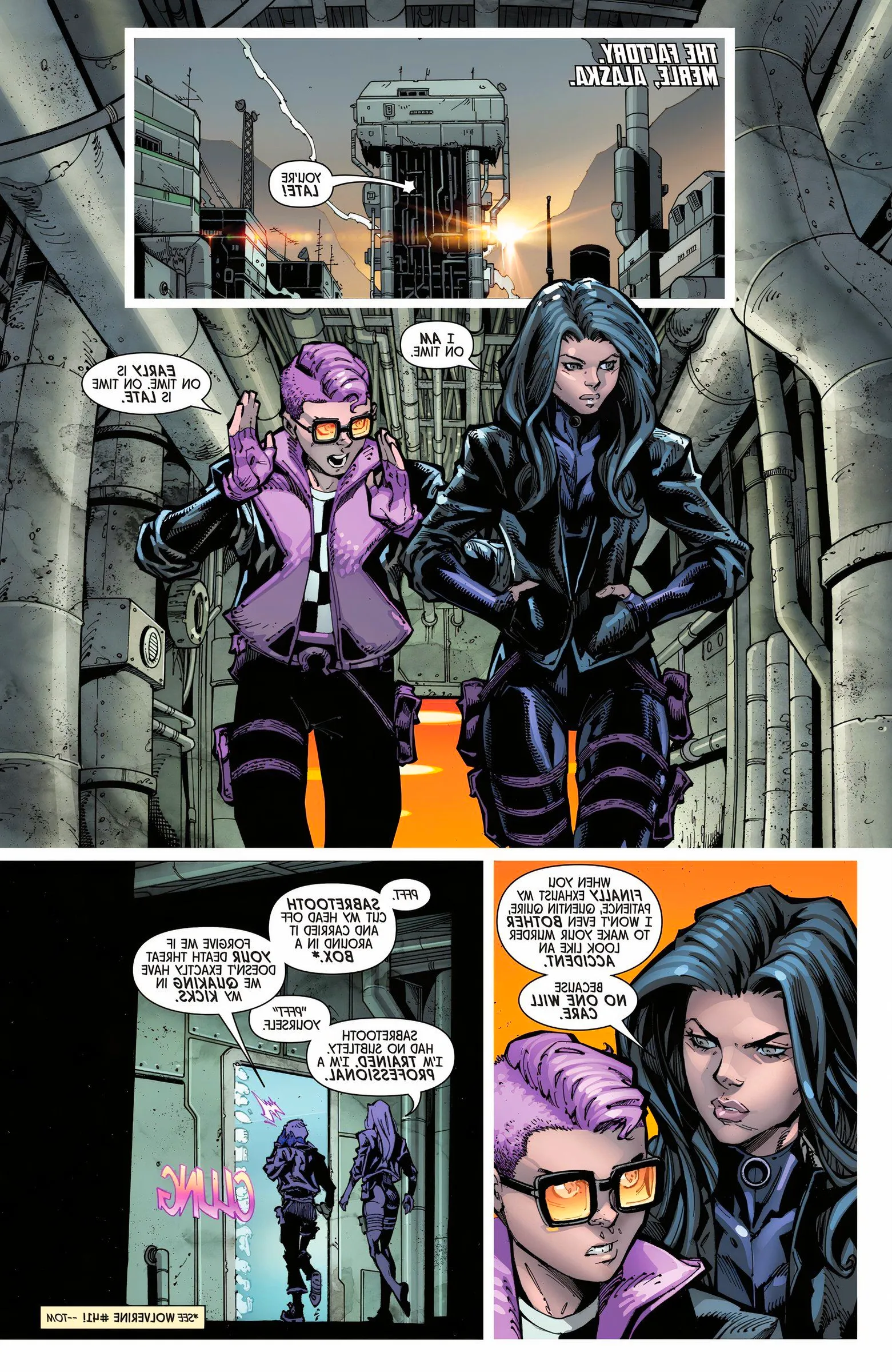 Comic book pageL Psylocke and Quentin Quire squabble while walking through their headquarters. Image