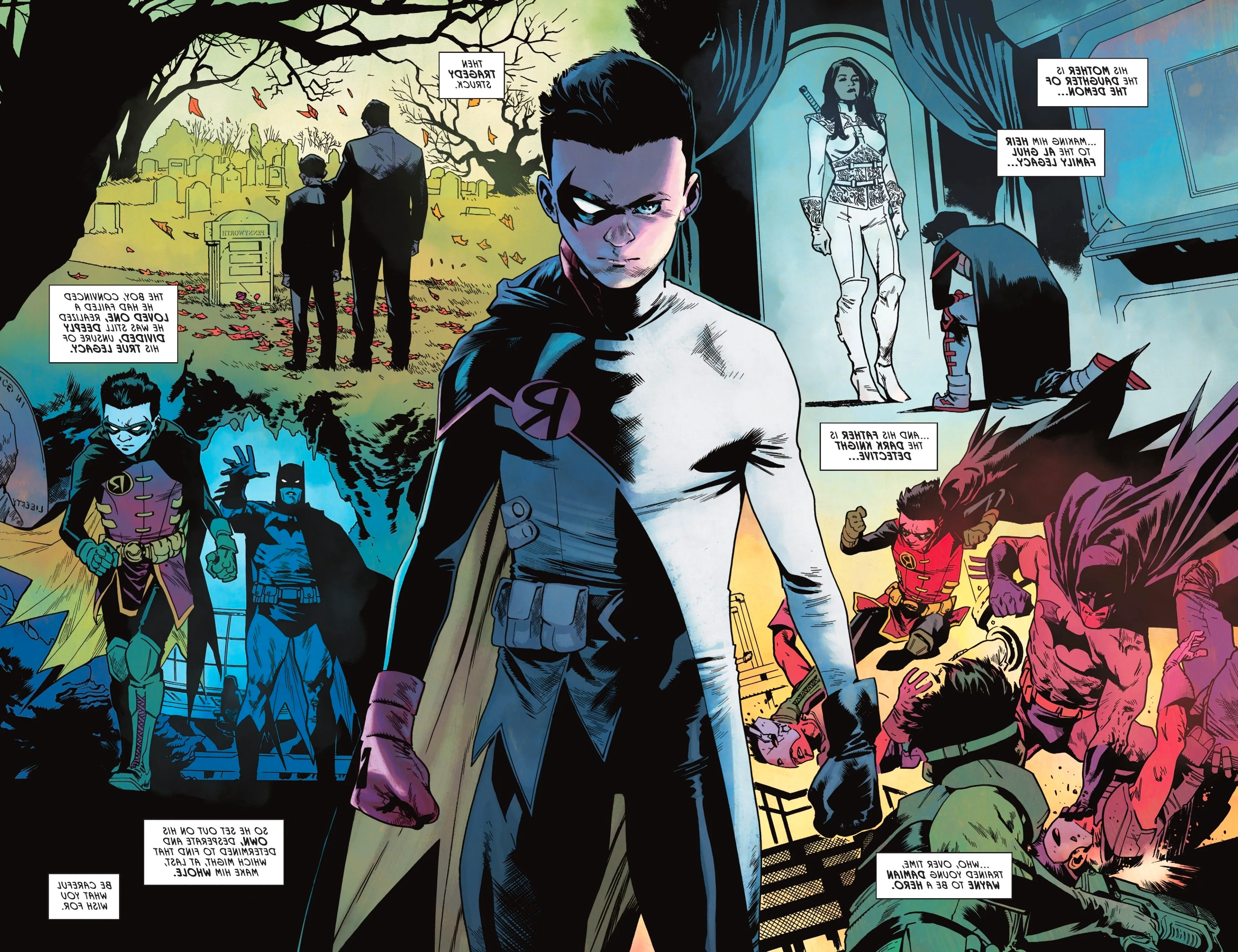 Comic book pages: a double page spread exploring Damian Wayne's history as both an assassin and Batman's Robin. Image