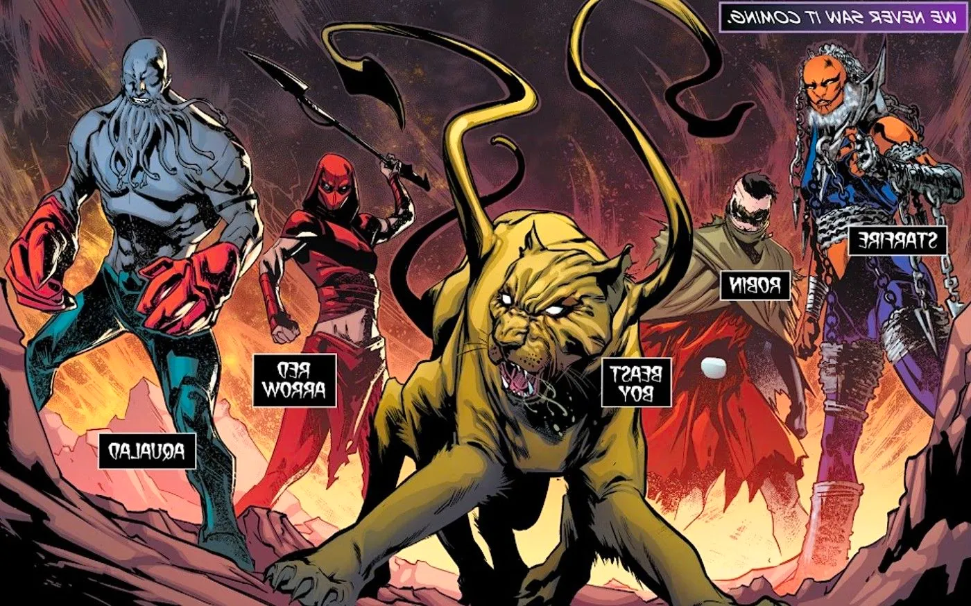 Comic book panel: a group shot of the Dark Multiverse Teen Titans, including Starfire, Robin Damian Wayne, Beast Boy, Red Arrow, and Aqualad. Image