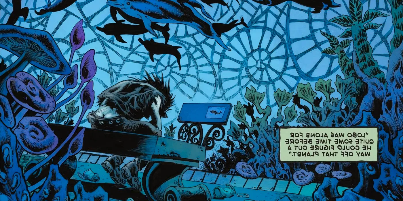 Comic book panel: a young Lobo looks sad while sitting alone. Image