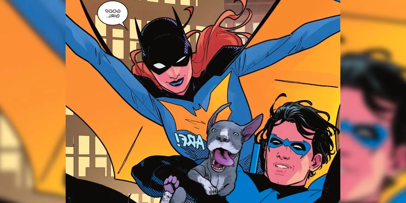 Comic book panel: Batgirl and Nightwing leap forward with their dog, Haley, in Nightwing's arms. Image