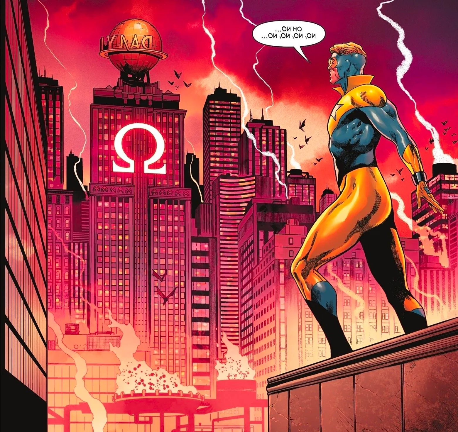 Comic book panel: Booster Gold looks at an Omega-stamped Daily Planet under Darkseid's control. Image