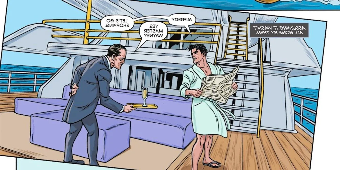 Comic book panel: Bruce Wayne and Alfred Pennyworth on a yacht. Image