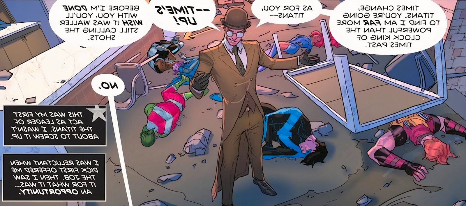 Comic book panel: Clock King reveals he's more powerful now as he takes over the Titans' mental clocks, and hints that he's the new leader of the Suicide Squad as he says, 