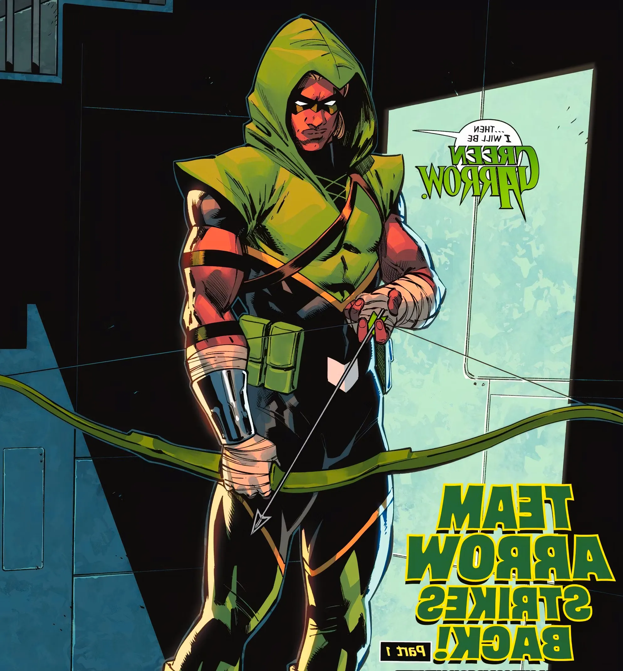 Comic book panel: Connor Hawke declares himself to be Green Arrow once again. Image