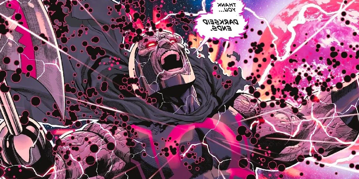 Comic book panel: Darkseid dies, exploding. Image