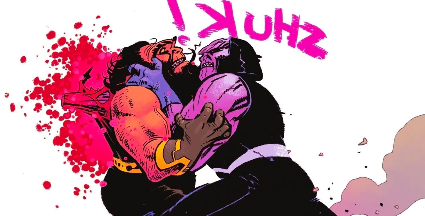 Comic book panel: Darkseid stabs Kalibak through the chest. Image