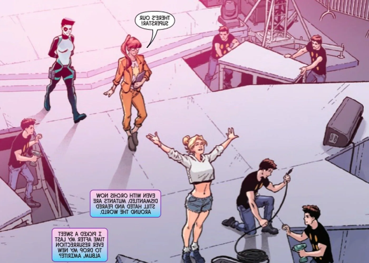 Comic book panel: Dazzler prepares for her concert as she's approached by her manager Wind Dancer and her bodyguard Domino Image