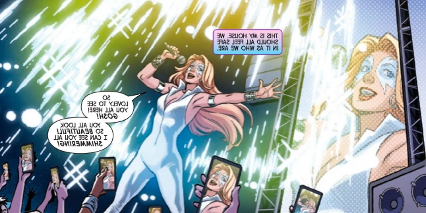 Comic book panel: Dazzler sings as her audience points phones at her. Image