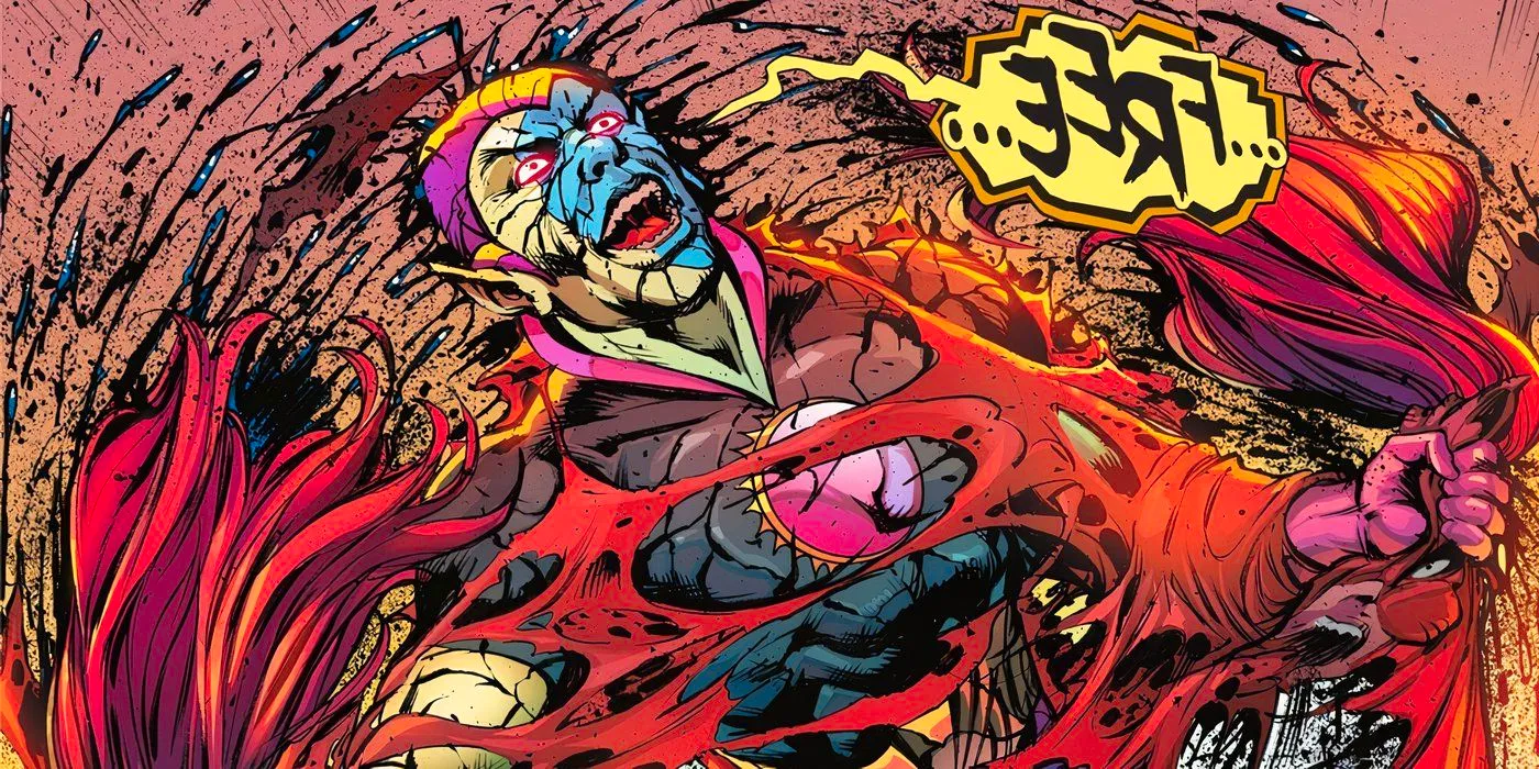 Comic book panel: Eclipso bursts out of Wildcat's shredded body. Image