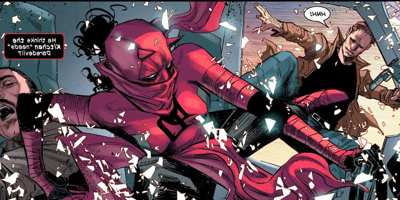 Comic book panel: Elektra debuts as the new Daredevil. Image