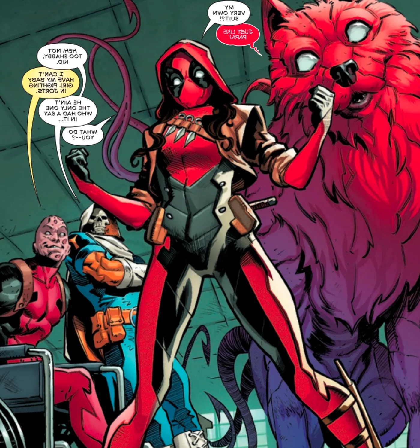 Comic book panel: Ellie Wilson unveils her new Deadpool costume. Image