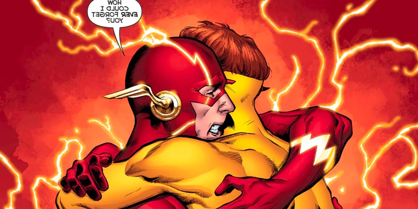 Comic book panel: Flash Barry Allen hugging Kid Flash Wally West. Image