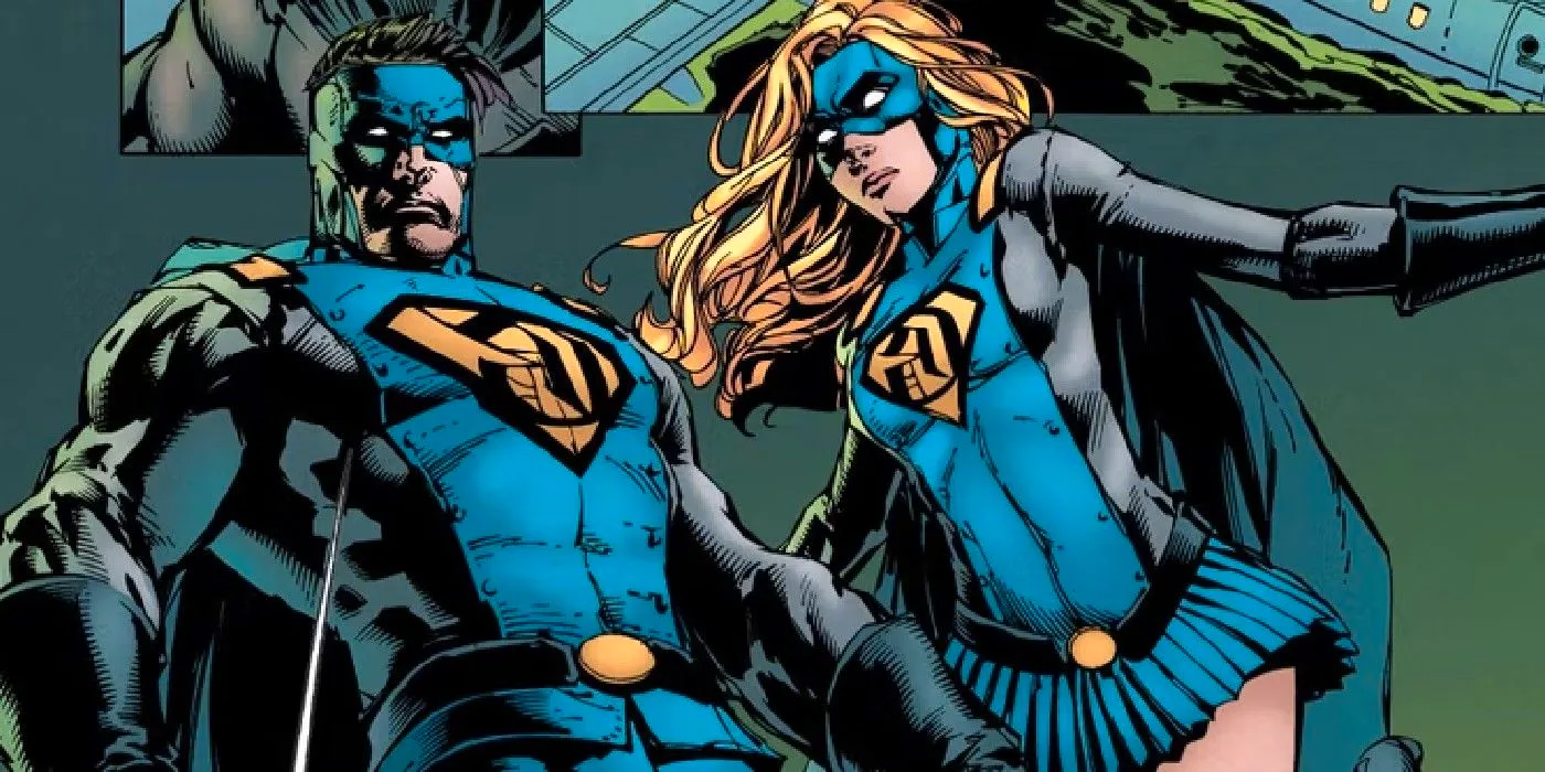 Comic book panel: Gotham and Gotham Girl pose together in their blue costumes. Image