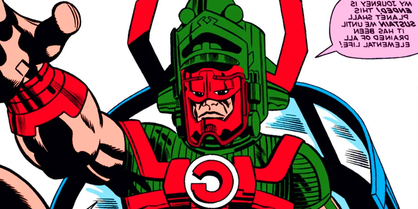 Comic book panel: Green and red Galactus making his debut in Marvel Comics. Image