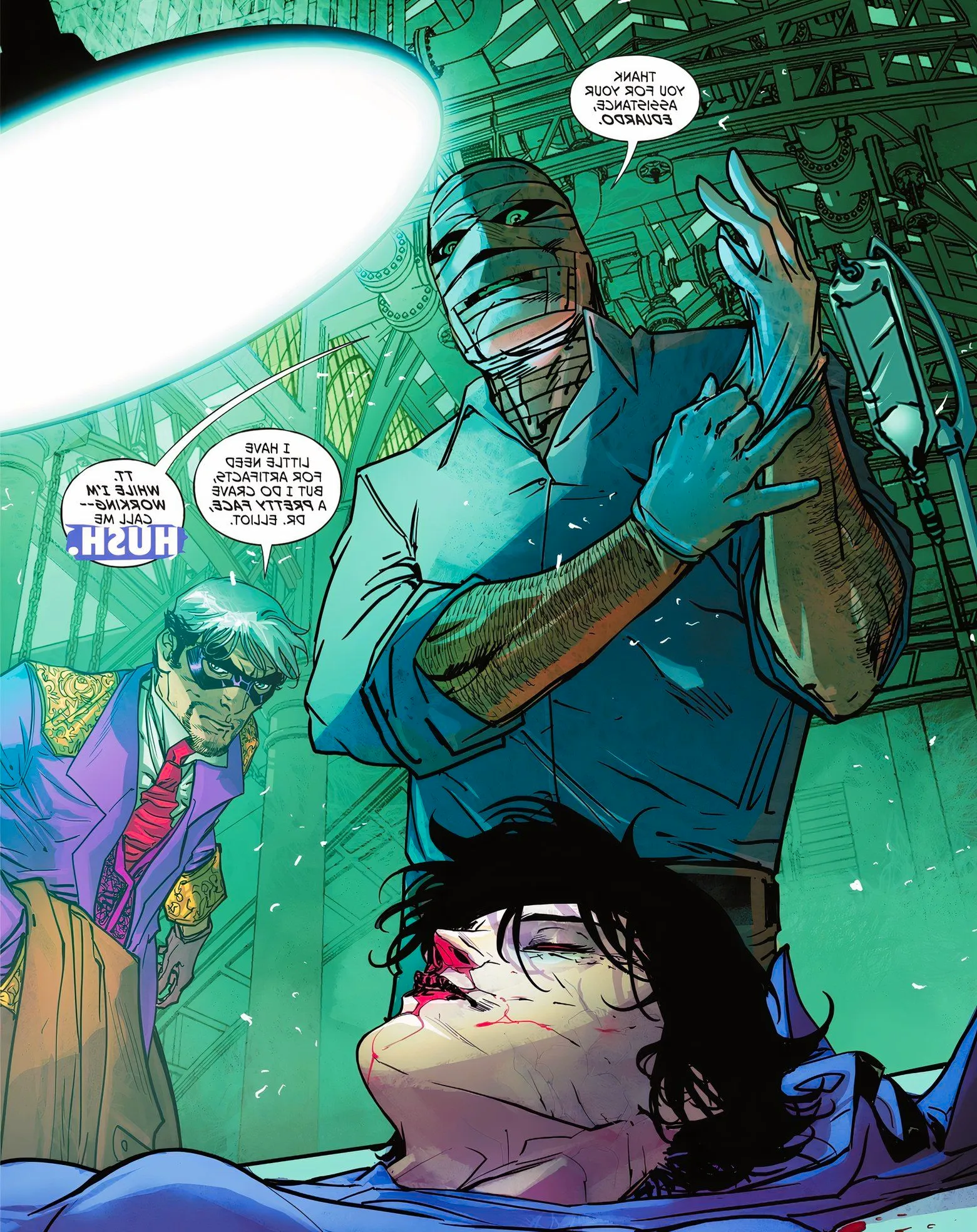 Comic book panel: Hush looks down on an unconscious Catwoman. Image