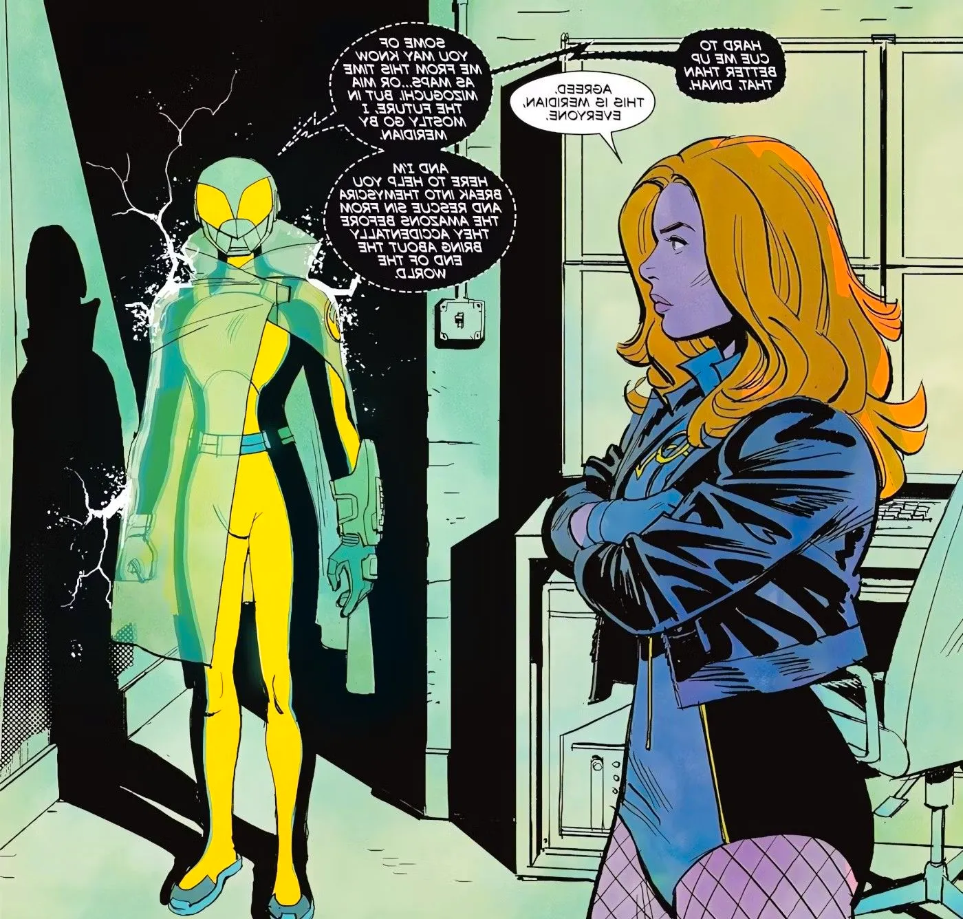 Comic book panel: Maps Mizoguchi Meridian appears in a green suit with Black Canary. Image