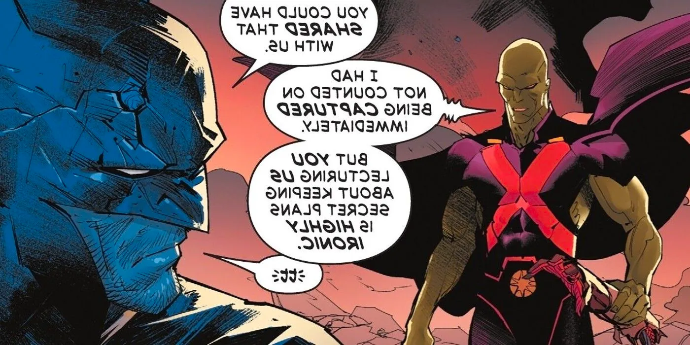 Comic book panel: Martian Manhunter tells Batman off for being a secret-keeping hypocrite. Image