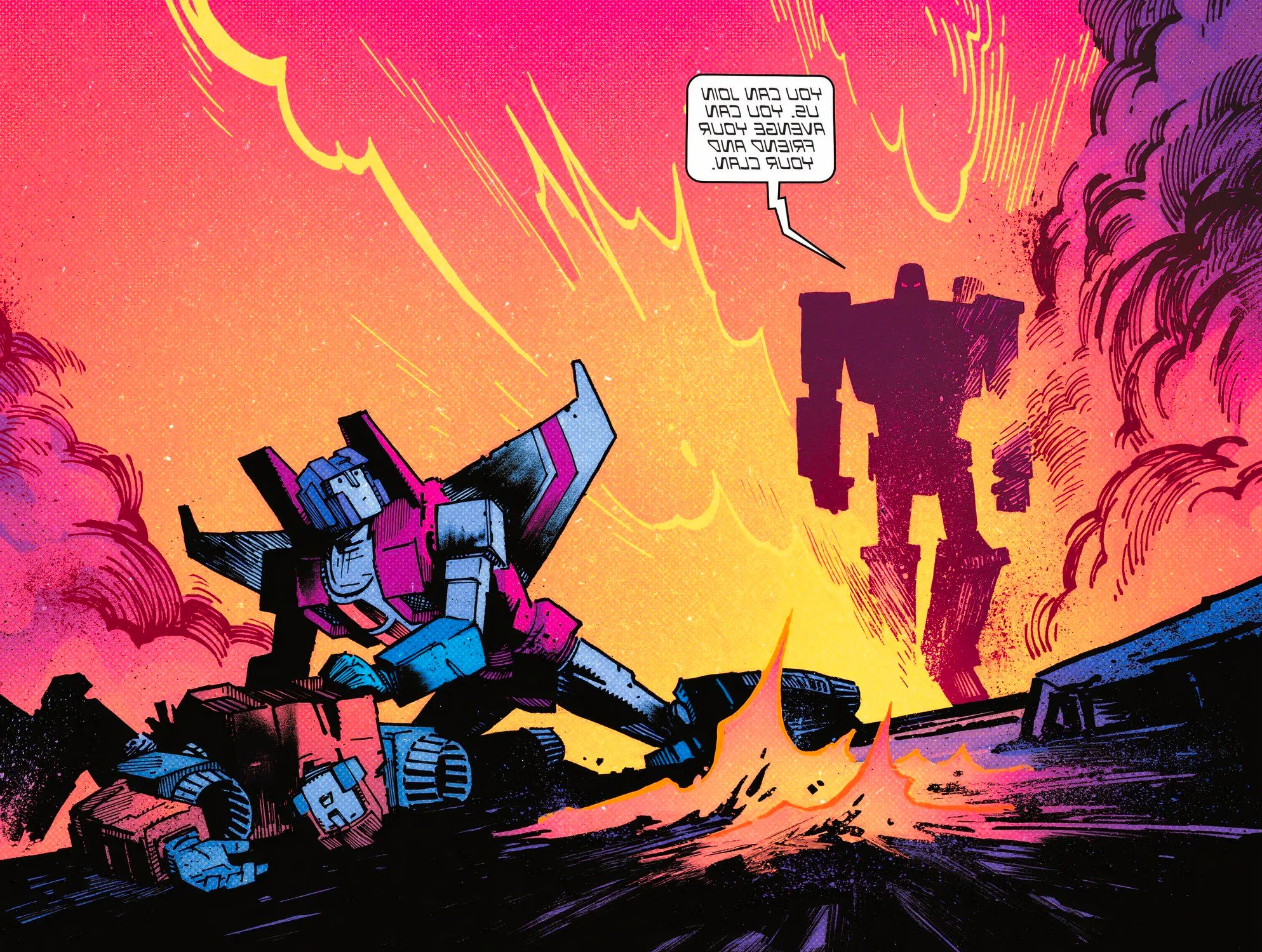 Comic book panel: Megatron approaches Starscream as he mourns Genvo. Image