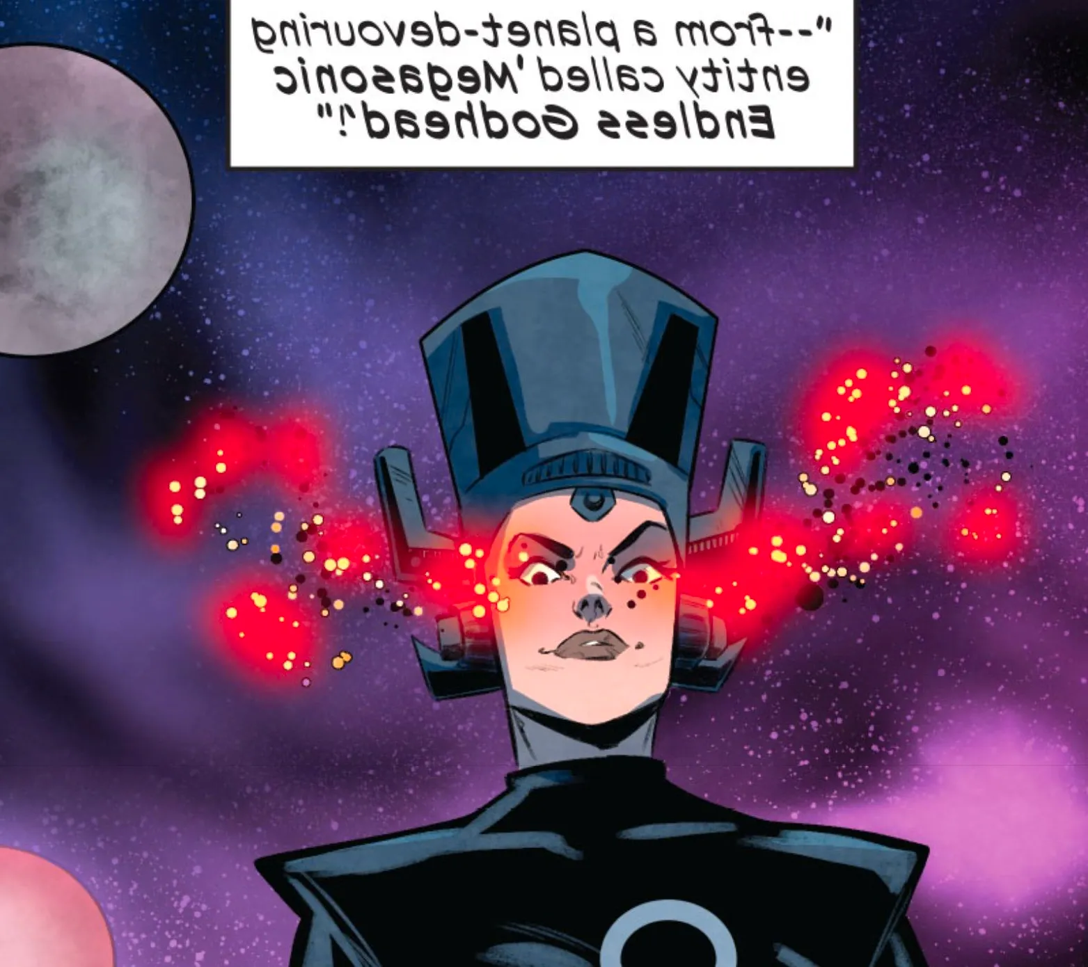 Comic book panel: Negasonic Teenage Warhead appears as a version of Galactus in space. Image