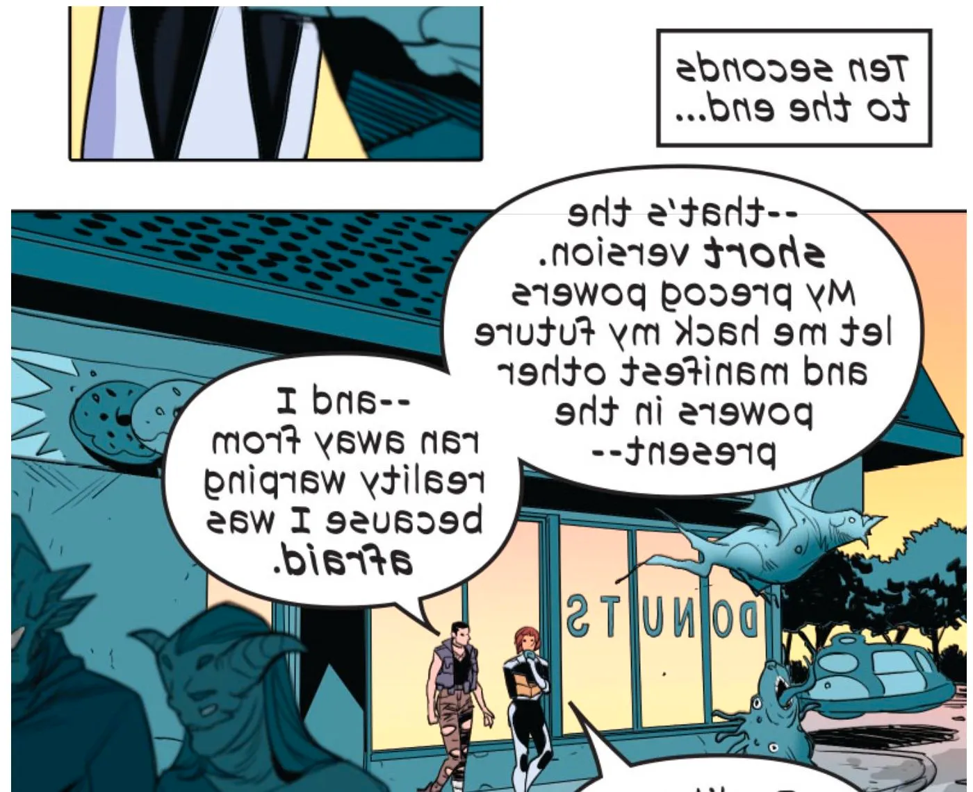 Comic book panel: Negasonic Teenage Warhead explains her powers in front of a donut shop. Image