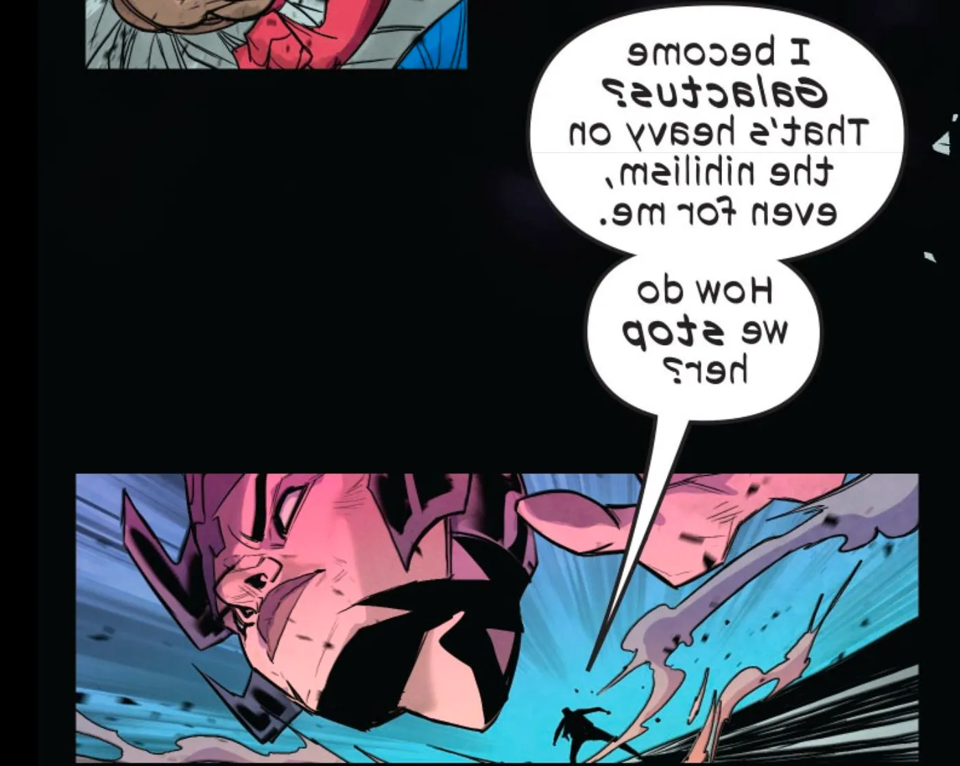 Comic book panel: Negasonic Teenage Warhead recognizes the nihilistic theme as she faces her future self as Galactus. Image