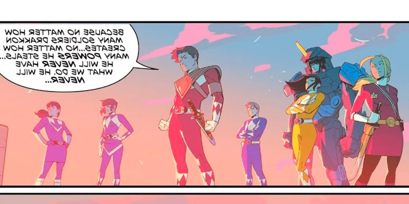 Comic book panel: Red Ranger Jason Lee Scott gives a speech in front of other rangers. Image