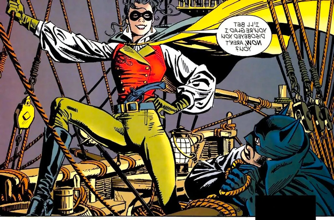 Comic book panel: Robin Rochelle Wayne appears on a ship in a pirate-like Robin costume. Image