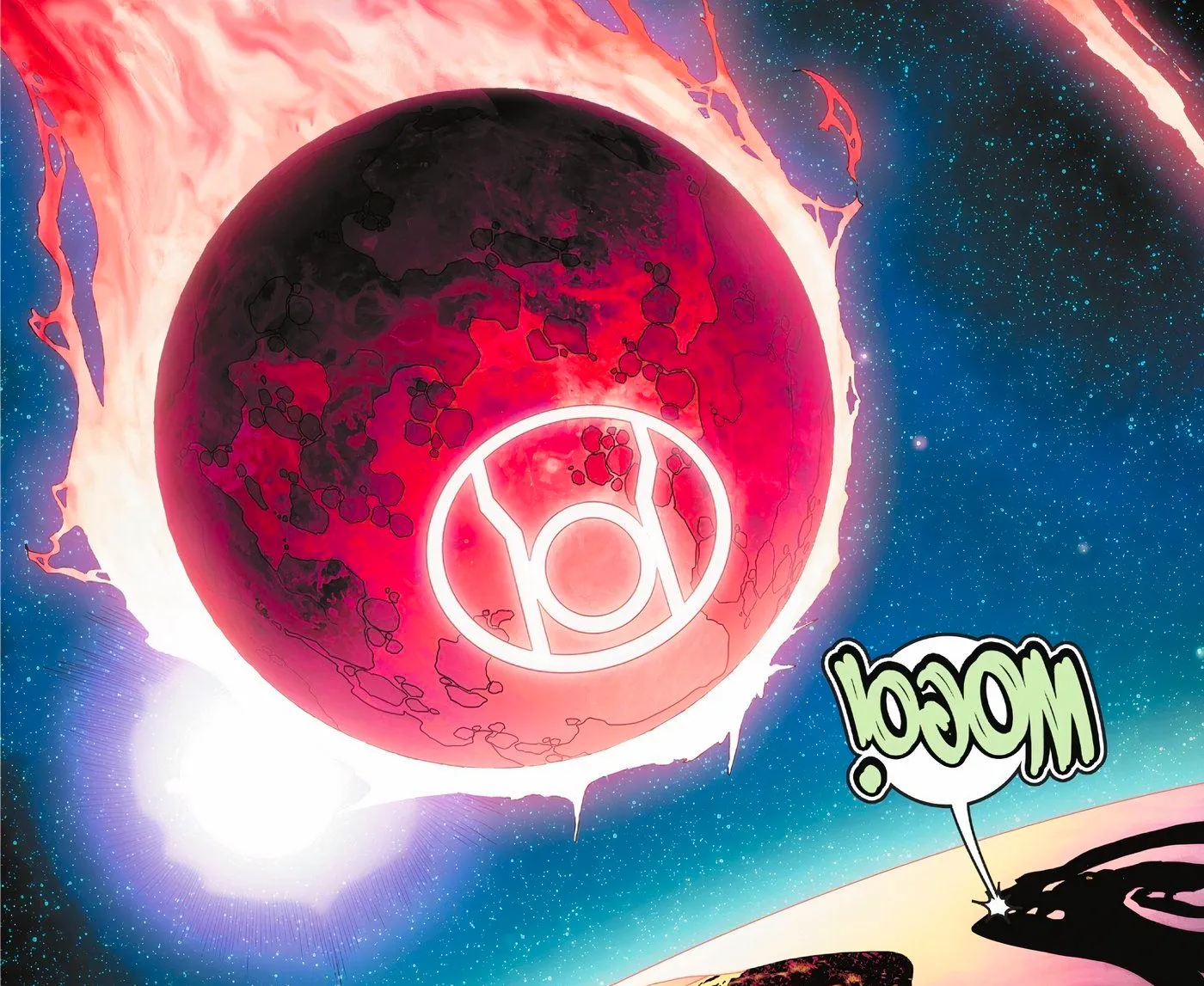 Comic book panel: The Green Lanterns react in shock as Mogo is transformed into a Red Lantern and hurtles towards Thanagar. Image