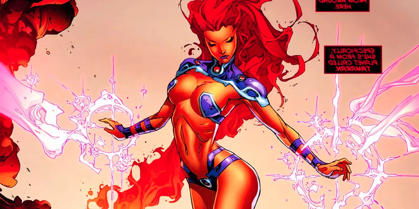 Comic book panel: the New 52 version of Starfire poses. Image