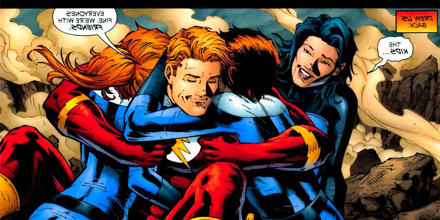 Comic book panel: Wally West hugs his kids as his wife looks on. Image