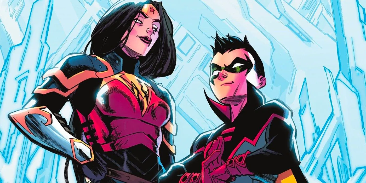 Comic book panel: Wonder Woman and Damian Wayne Robin side by side in the secret origin of Trinity. Image