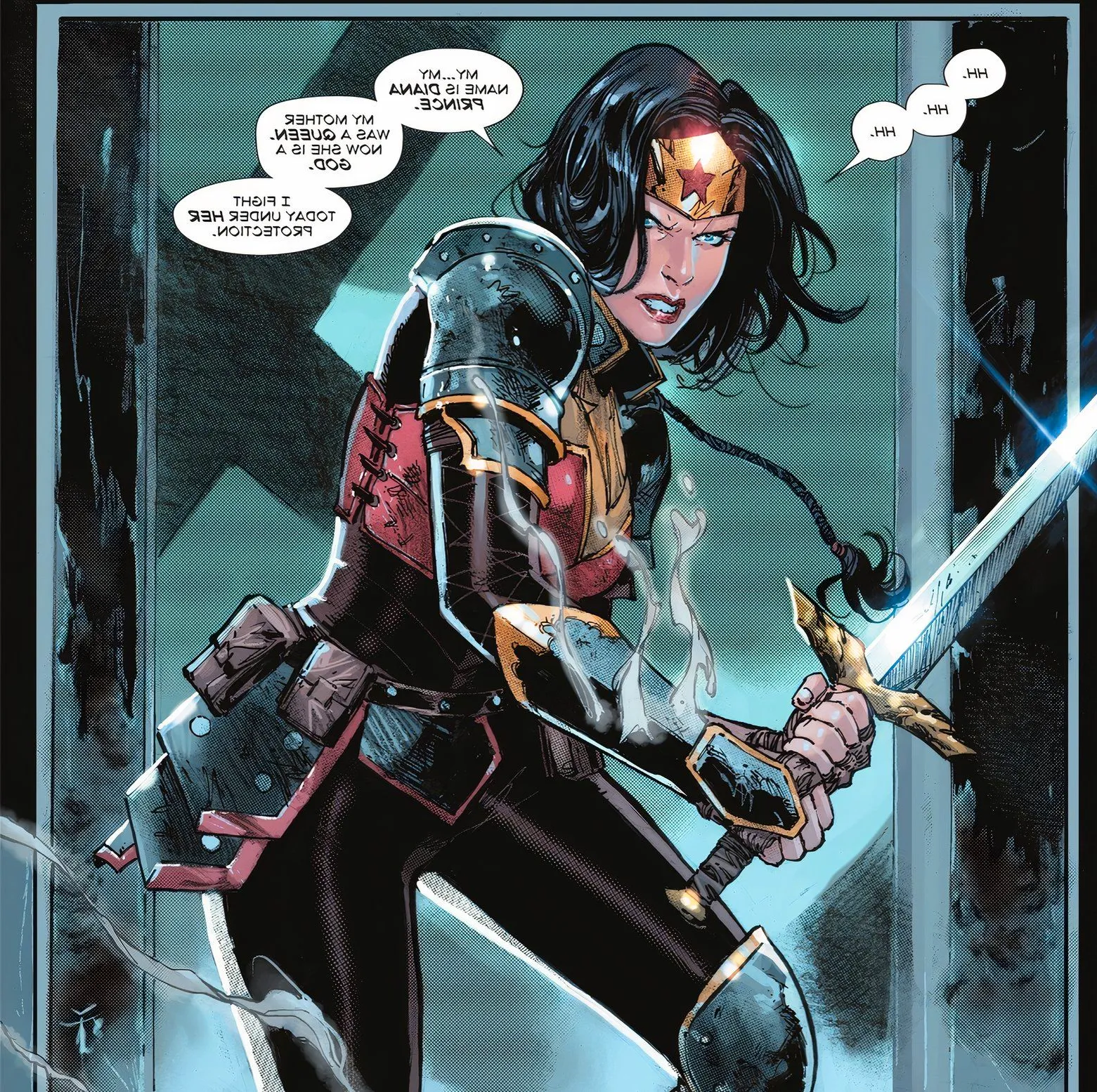 Comic book panel: Wonder Woman still stands, holding a sword, after being shot. Image