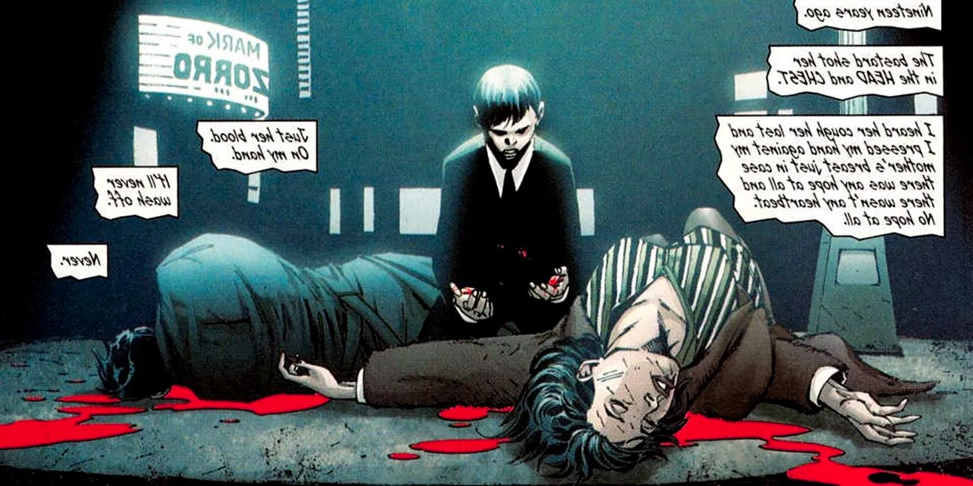 Comic book panel: Young Bruce Wayne remembers the murder of his parents in Gotham City's Crime Alley. Image