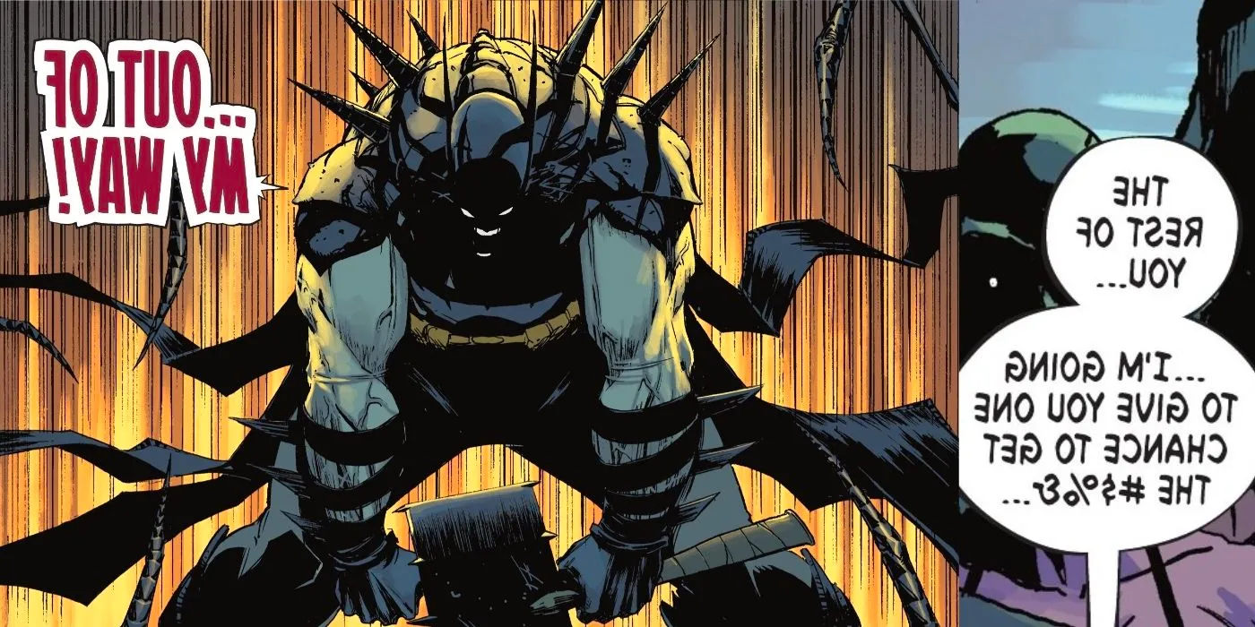 Comic book panels: Absolute Batman reveals the spikes on his cape. Image