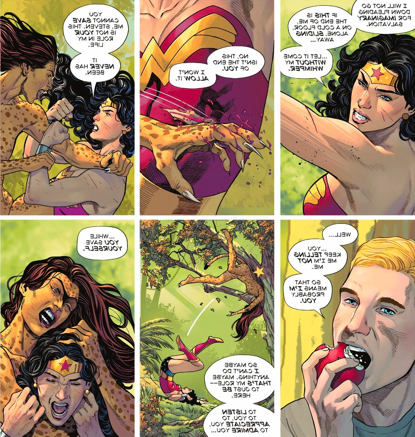 Comic book panels: As Wonder Woman fights Cheetah, they discuss Steve's role in her life, and he says that his role isn't to save her, but rather to listen, appreciate, and admire her while she saves herself. Image