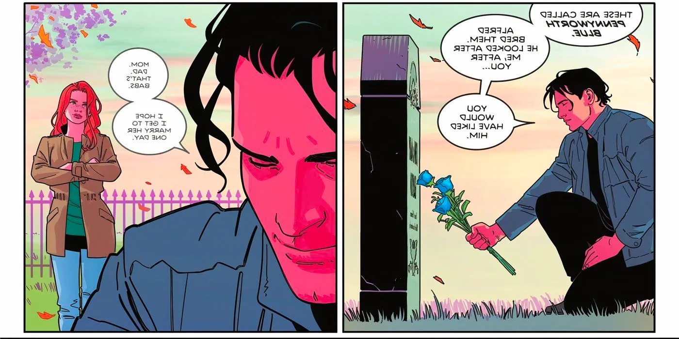 Comic book panels: At their graves, leaving flowers, Nightwing tells his parents that he's going to marry Batgirl. Image