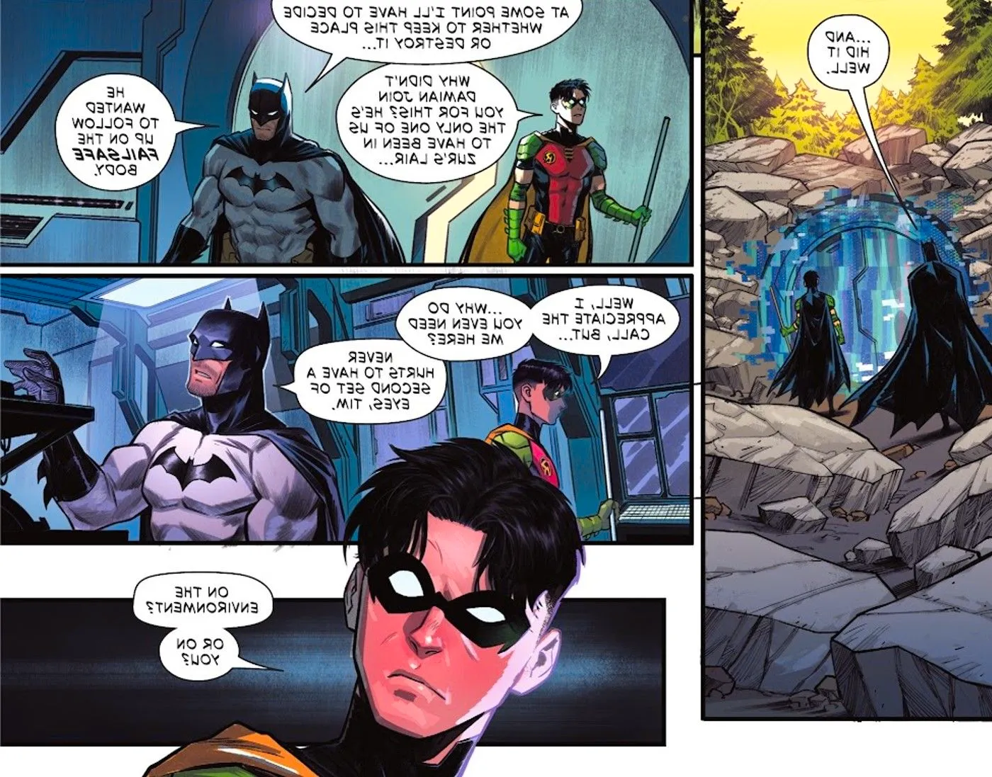 Comic book panels: Batman brings Robin Tim Drake into a high tech cave. Image