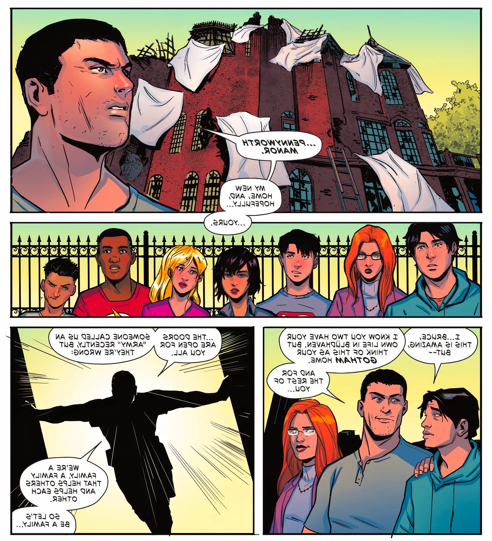 Comic book panels: Batman Bruce Wayne invites his family into Pennyworth Manor. Image