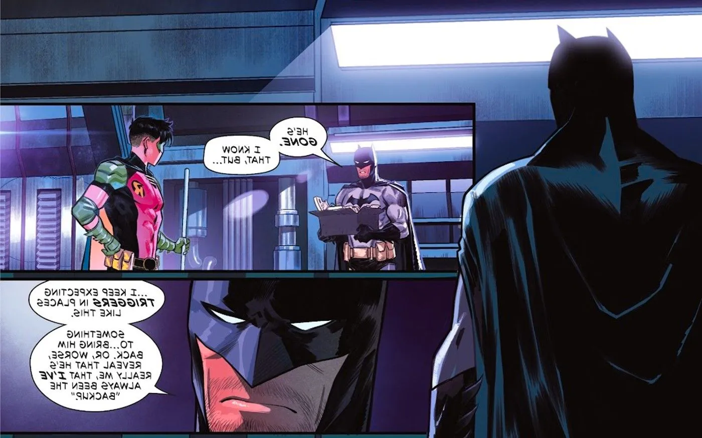 Comic book panels: Batman confides in Robin Tim Drake. Image