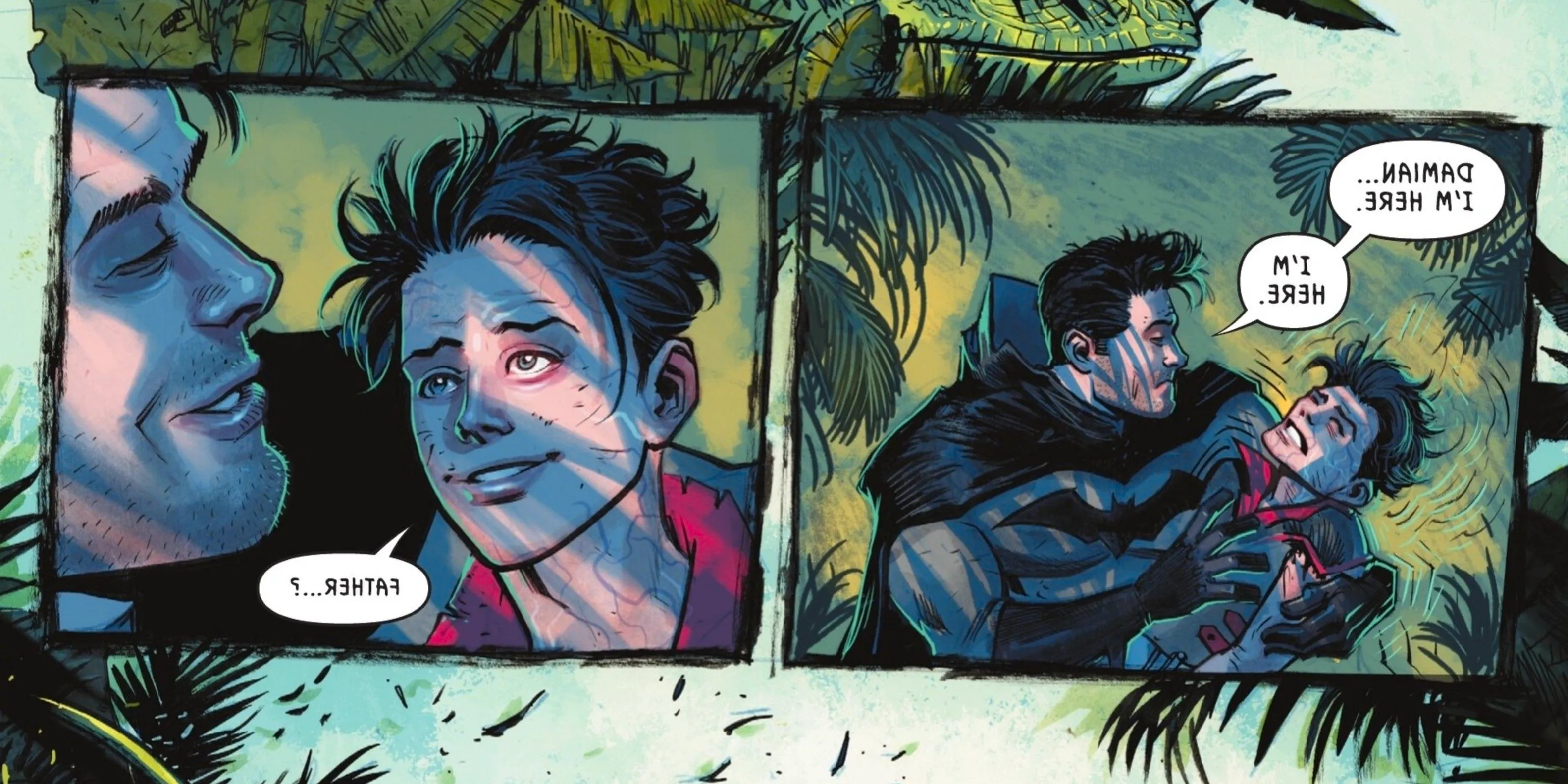 Comic book panels: Batman holds Robin Damian Wayne in his arms. Image