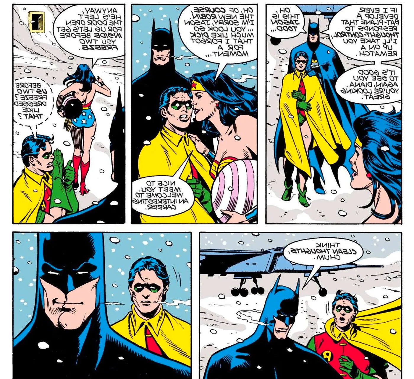 Comic book panels: Batman introduces Wonder Woman to Jason Todd Robin in Superman Annual #11. Image