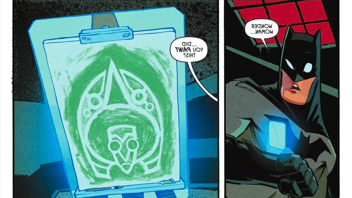 Comic book panels: Batman looks at Wonder Woman's painting of her witch glyph. Image